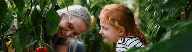 Kid and grandma working in the garden