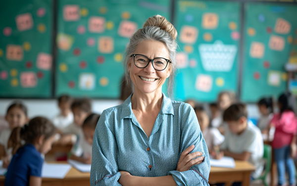 Smiling teacher in classroom with pupils in the background