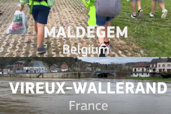 Collage of two pictures. Children walking to school in Maldegem (Belgium) and river in Vireux-Wallerand (France)