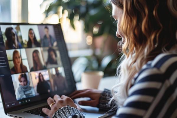 girl on a video call looking at a computer screen