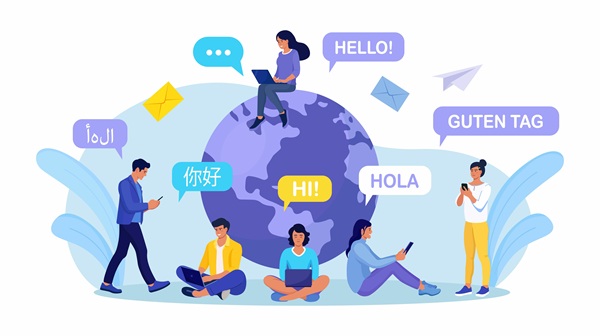 Illustration of people with laptops around a globe saying hello in many different languages