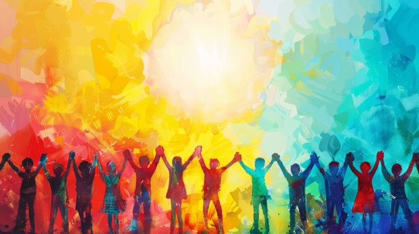 Rainbow-coloured illustration of people in a chain holding hands aloft 