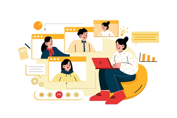 Illustration of person sitting on beanbag having virtual conversations with 4 people via screens