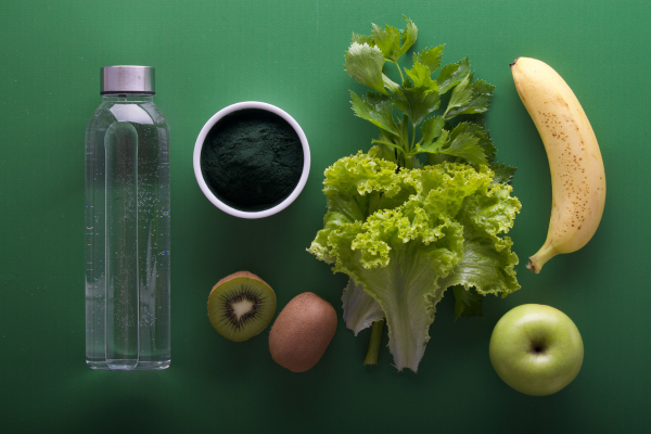 vegetables, fruit and water bottle