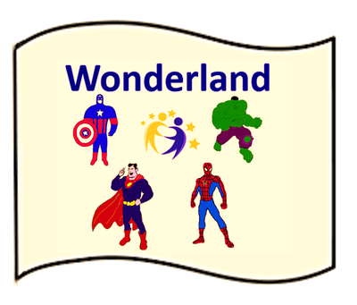 flag with superheros and the eTwinning logo, text reads: wonderland