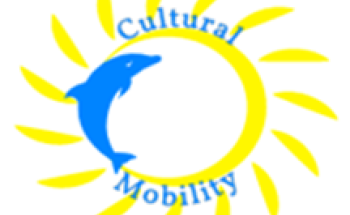 the logo of the company , a sun and a dolphin with the writting cultural mobility in blue 