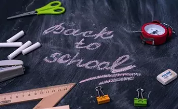 Back to school written on a blackboard with school objects around 