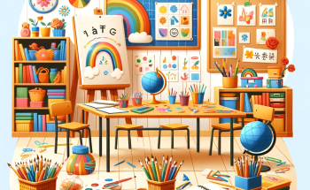  A colorful classroom with art supplies and language learning materials, without any written words.
