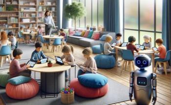 A modern, informal classroom with children using technological learning aids accompanied by a friendly robot.