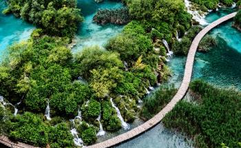 Plitvice lakes in Croatia, a trail surronded by waterfalls and lush trees
