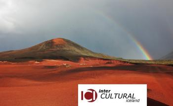 A volcano under the rainbow and the ICI logo