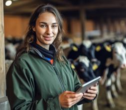 Young woman on dairy farm with tablet