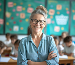 Smiling teacher in classroom with pupils in the background