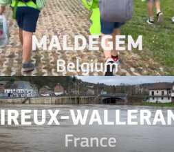 Collage of two pictures. Children walking to school in Maldegem (Belgium) and river in Vireux-Wallerand (France)