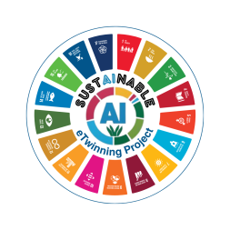 A circular logo of the project with the 17 SDGs and the title SUSTAINABLE in the middle of the circle.